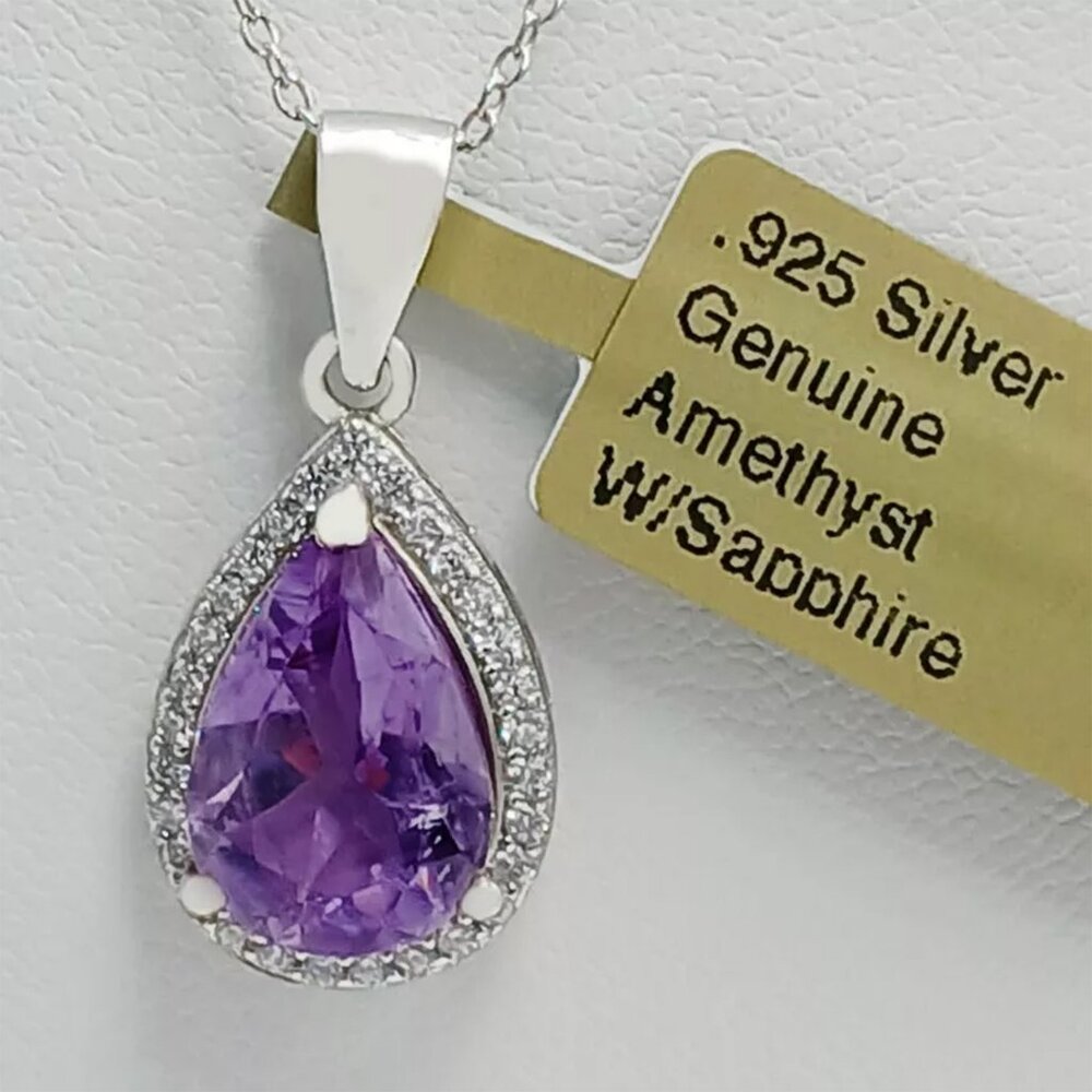 Genuine 4.10 Ct Amethyst & White Sapphire Pendant Necklace .925 Sterling Silver